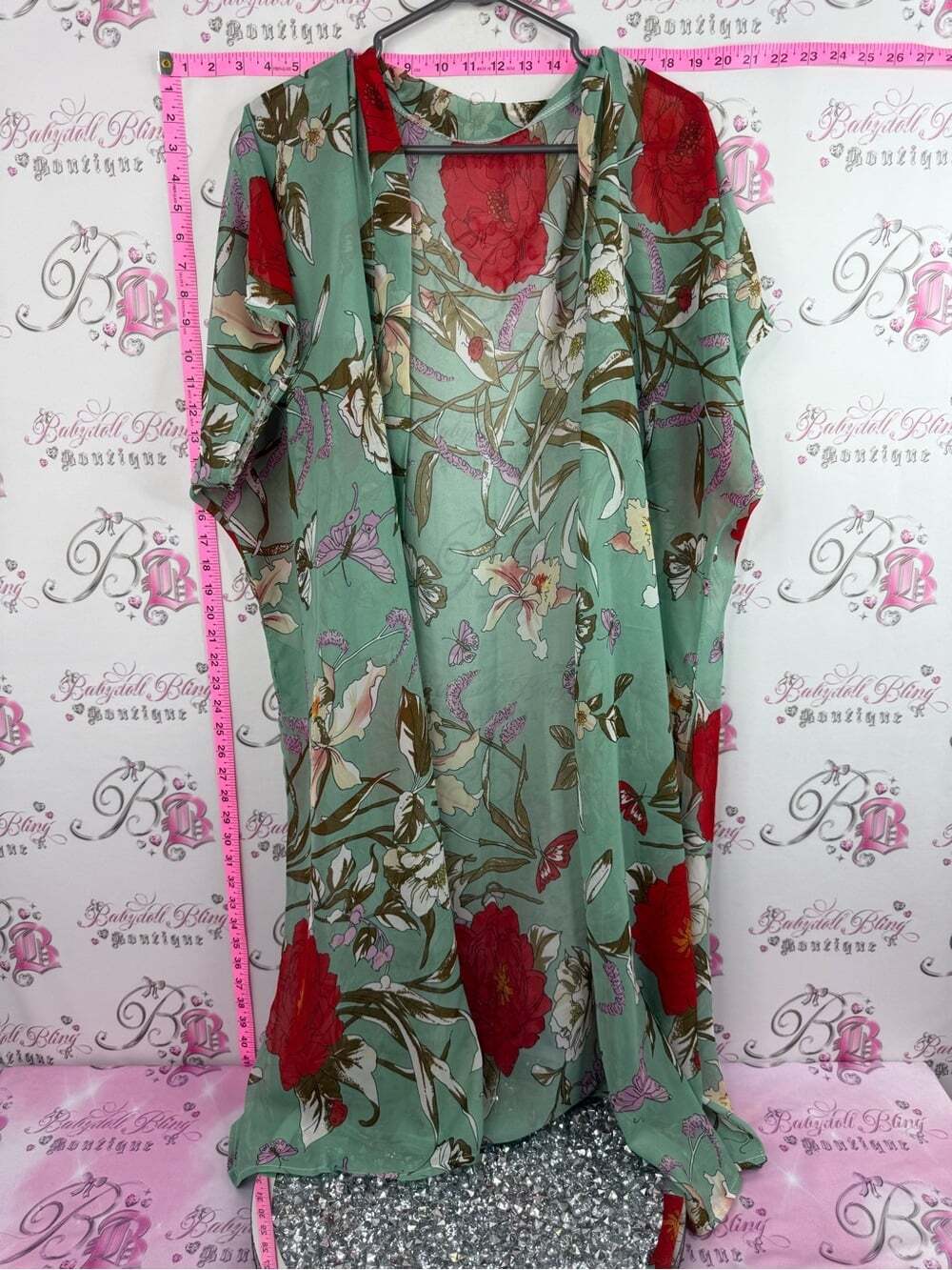 Kimono cardigan flowers Mint Green Floral Kimono Duster with Red Accents